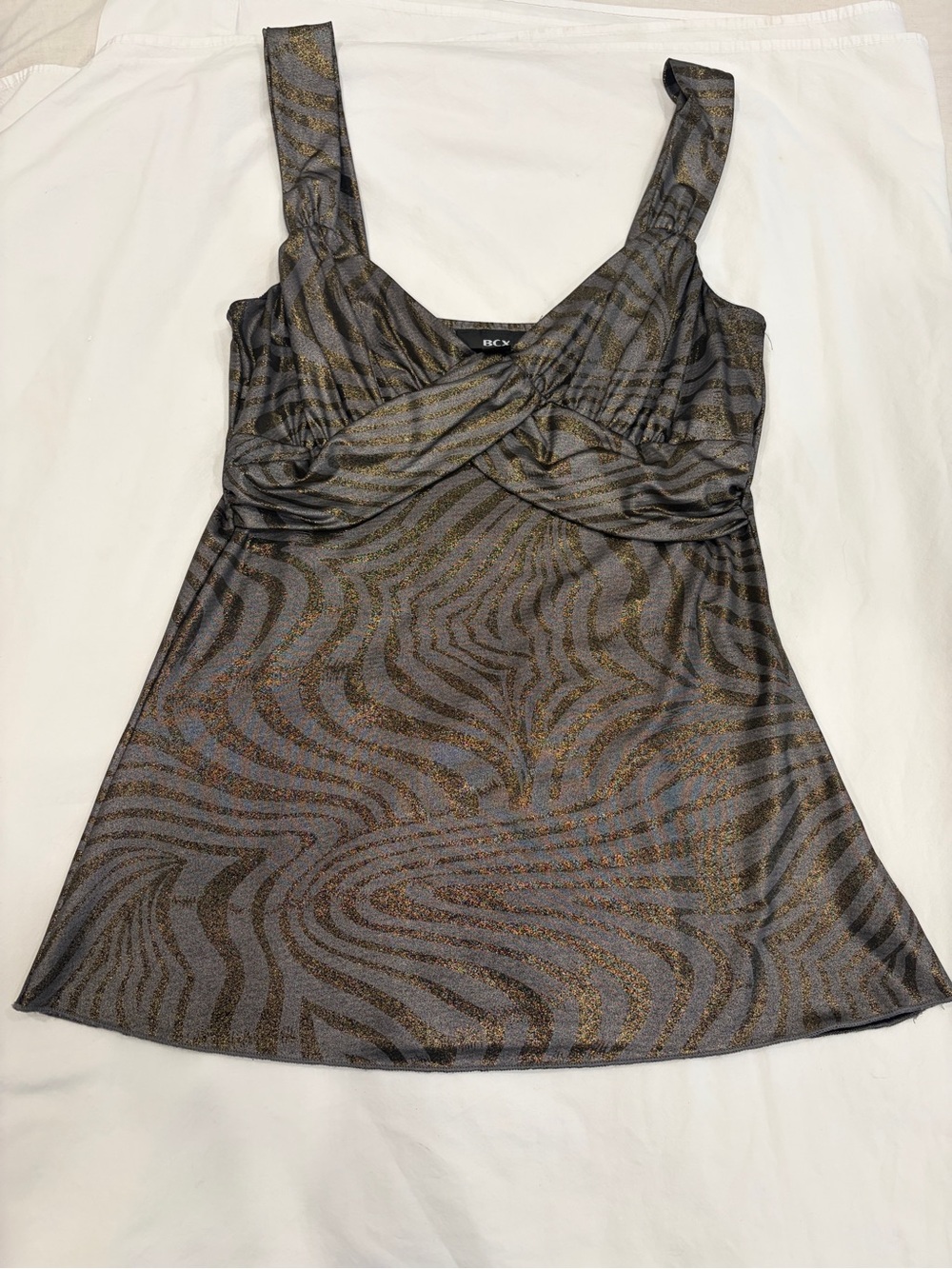 BCX Metallic Bronze-Gray Twist-Front Tank Top
